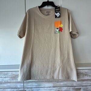 Peanuts Beige Short Sleeve Tee with Snoopy & Orange Red Yellow Floral Graphic